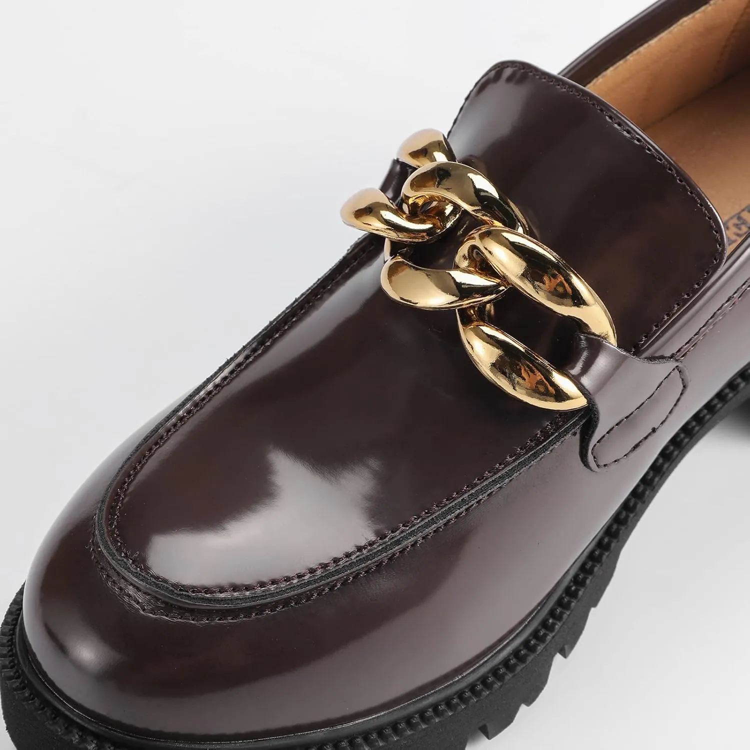 Chunky Loafers Women Platform Loafers for Women Comfort Slip-on Loafers with Chain Faux Leather