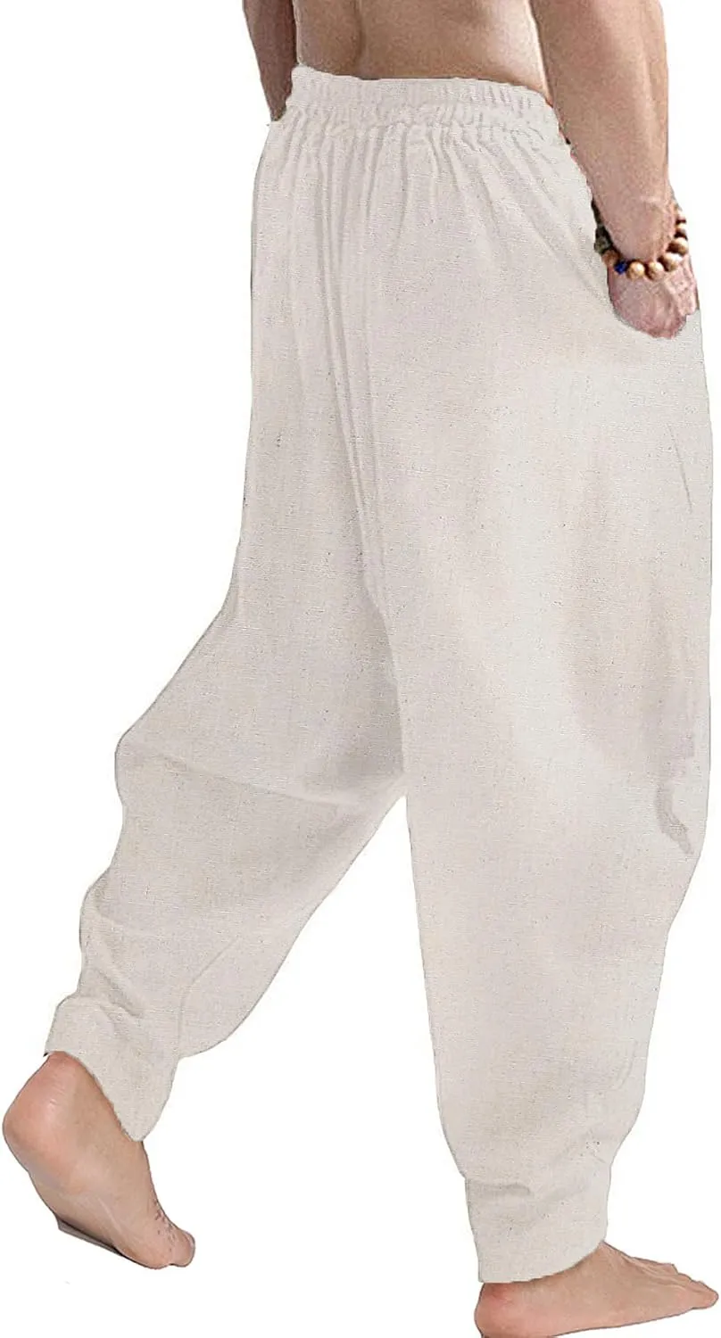 CLANMILUMS Men's Cotton Harem Pants Casual Loose Hippie Drop Crotch Trouser