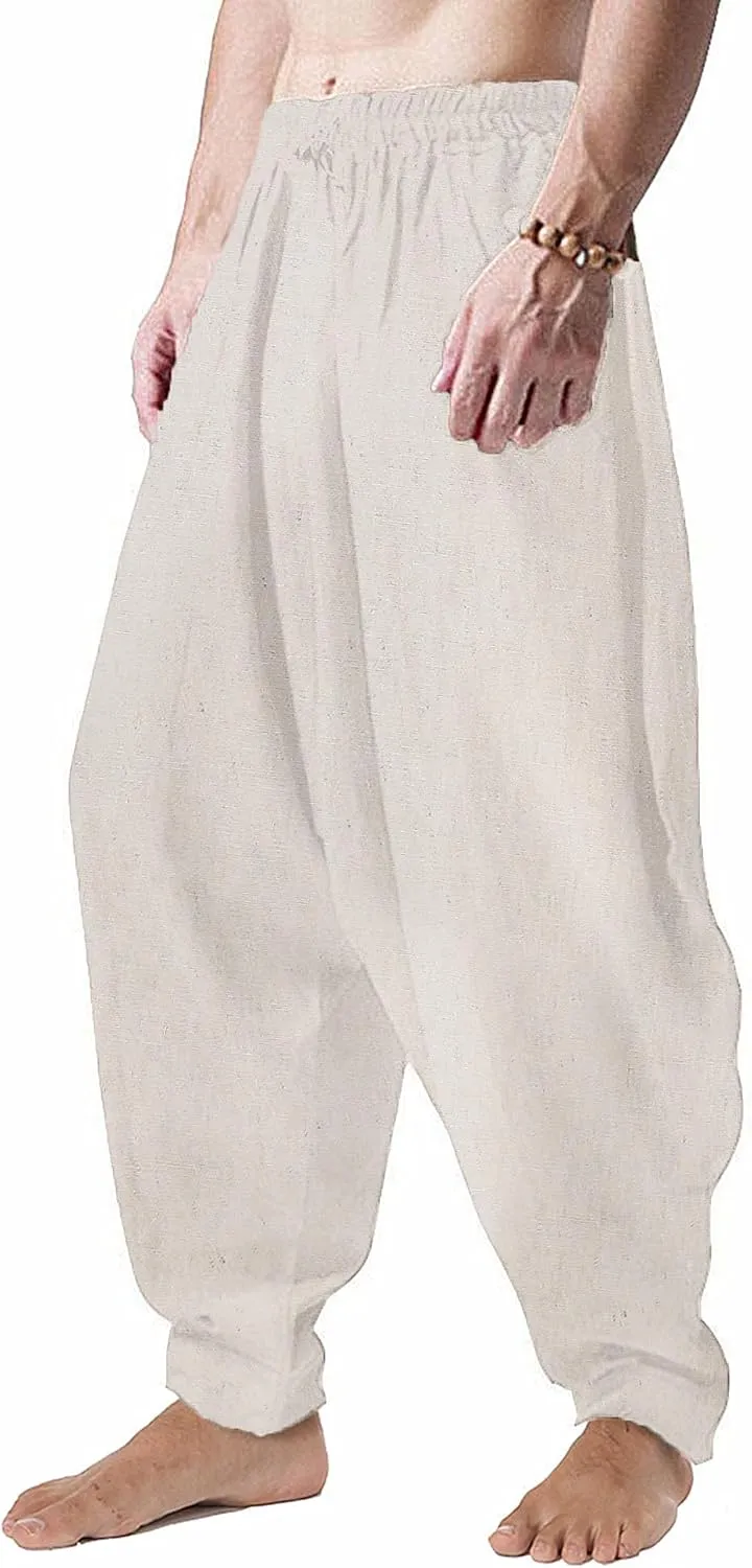CLANMILUMS Men's Cotton Harem Pants Casual Loose Hippie Drop Crotch Trouser