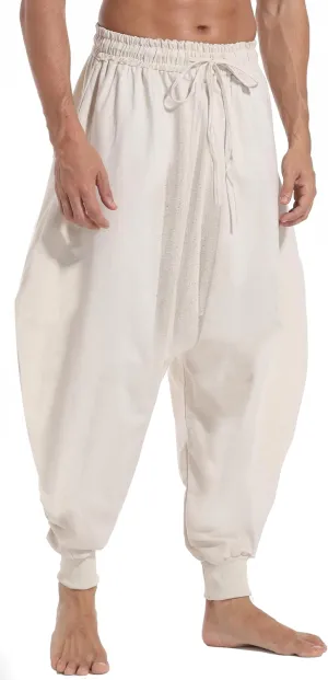 CLANMILUMS Men's Cotton Harem Pants Casual Loose Hippie Drop Crotch Trouser