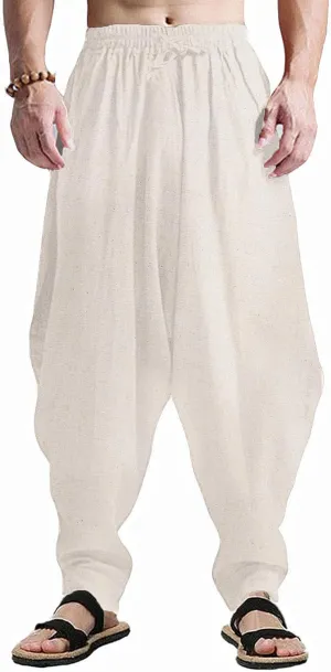 CLANMILUMS Men's Cotton Harem Pants Casual Loose Hippie Drop Crotch Trouser