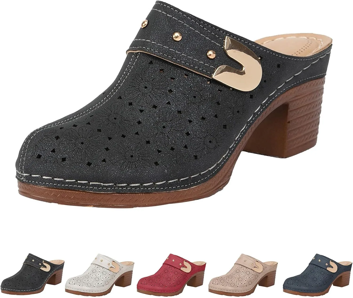 Clogs for Women Mules Shoes Hollow Closed Toe Chunky Heels Mules Summer Slip On Orthopedic Sandals Casual Breathable Backless Sandals Classic Work Shoes Vacation Travel Sandal