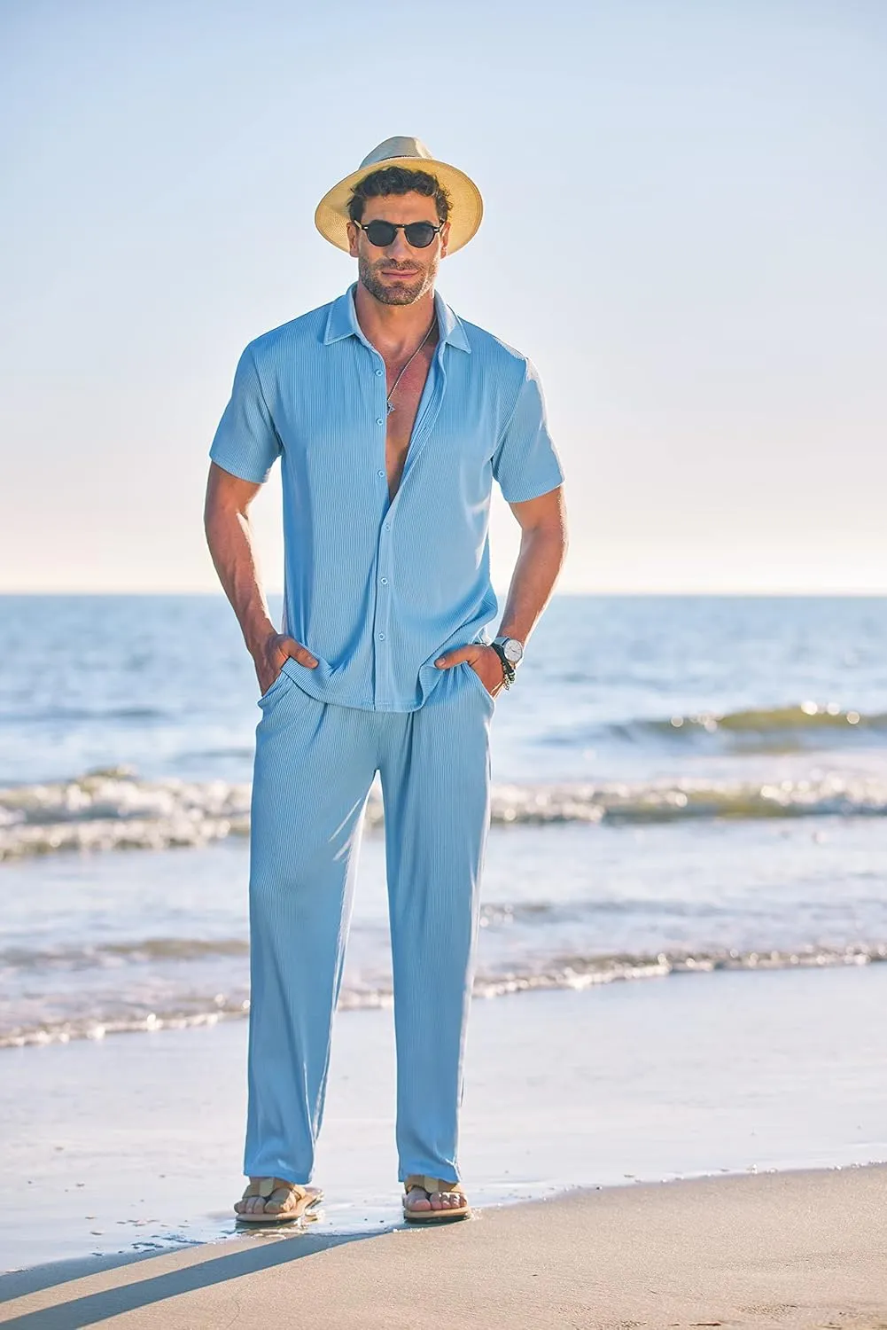 COOFANDY Men's 2 Piece Outfit Casual Short Sleeve Button Down Shirt Beach Summer Loose Pant Sets