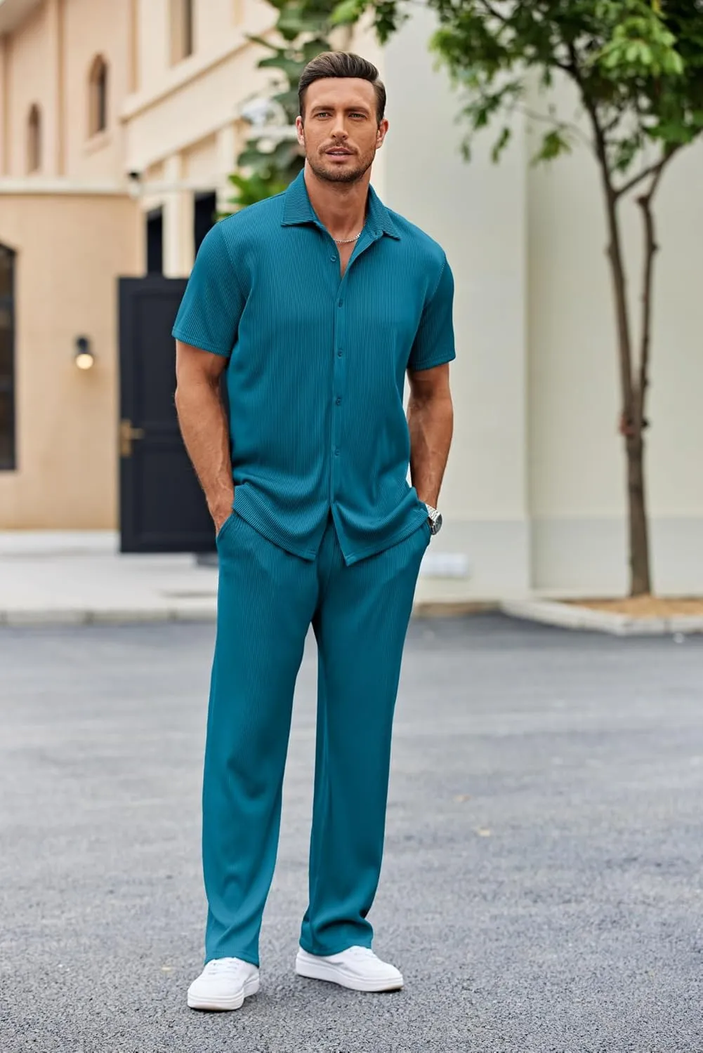 COOFANDY Men's 2 Piece Outfit Casual Short Sleeve Button Down Shirt Beach Summer Loose Pant Sets