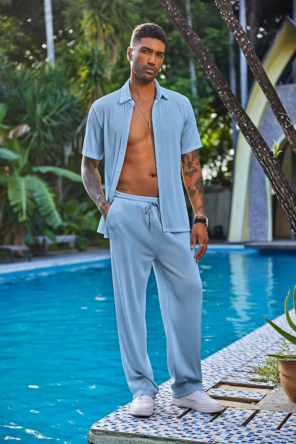 COOFANDY Men's 2 Piece Outfit Casual Short Sleeve Button Down Shirt Beach Summer Loose Pant Sets