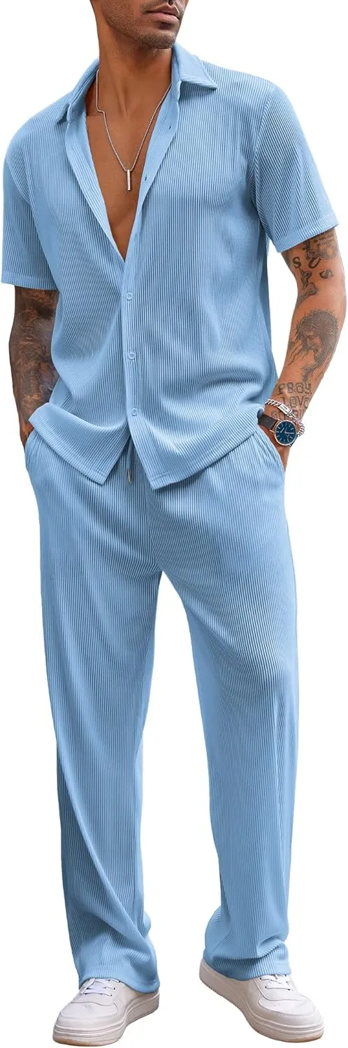 COOFANDY Men's 2 Piece Outfit Casual Short Sleeve Button Down Shirt Beach Summer Loose Pant Sets