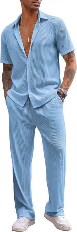 COOFANDY Men's 2 Piece Outfit Casual Short Sleeve Button Down Shirt Beach Summer Loose Pant Sets