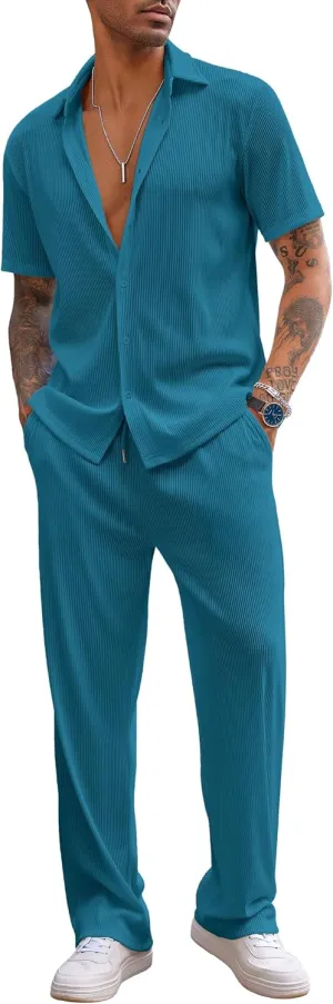 COOFANDY Men's 2 Piece Outfit Casual Short Sleeve Button Down Shirt Beach Summer Loose Pant Sets