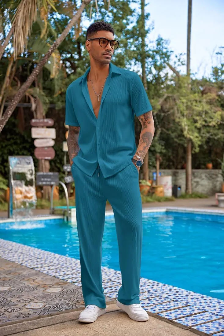 COOFANDY Men's 2 Piece Outfit Casual Short Sleeve Button Down Shirt Beach Summer Loose Pant Sets