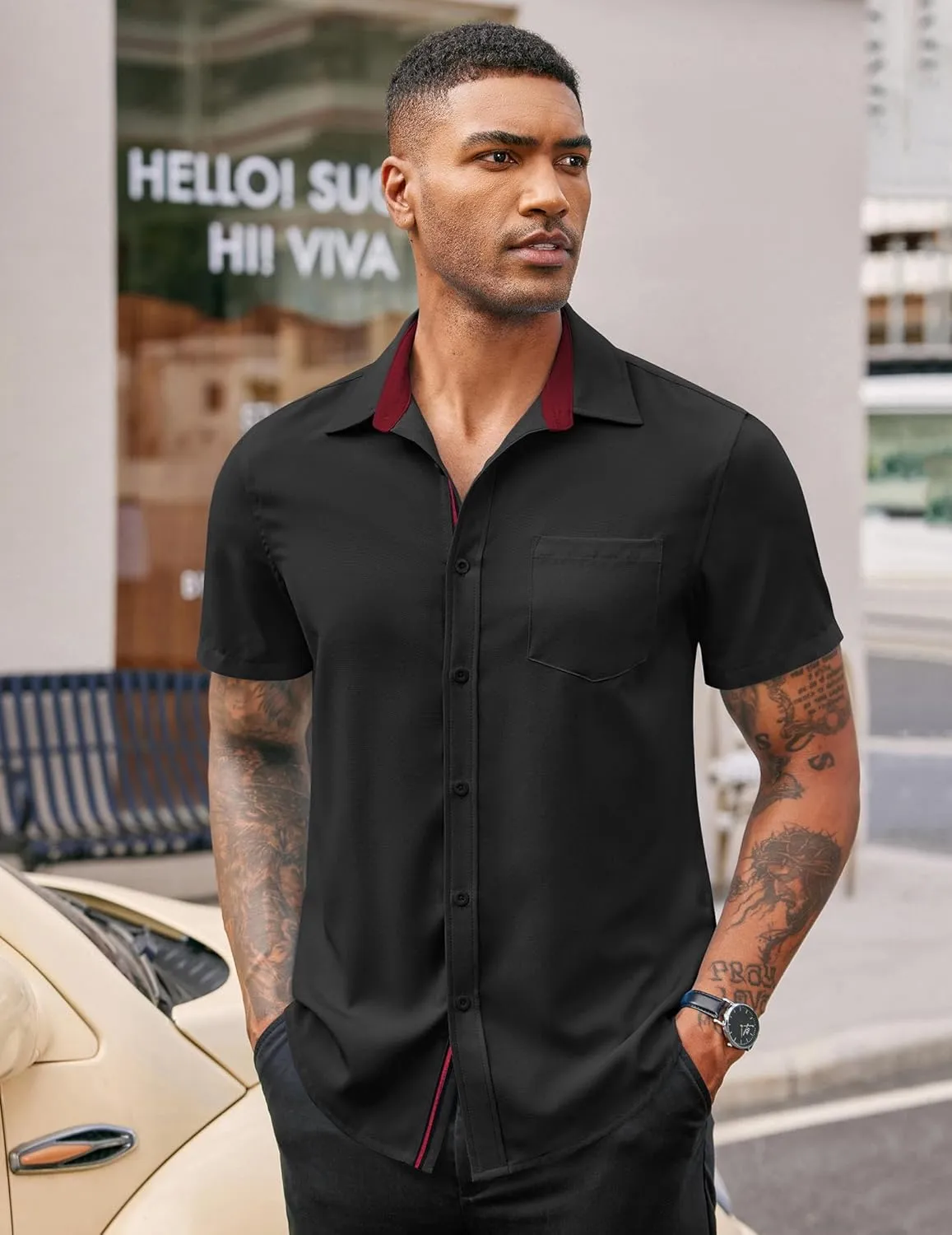 COOFANDY Men's Casual Button Down Shirts Stretch Short Sleeve Business Dress Shirt with Pocket