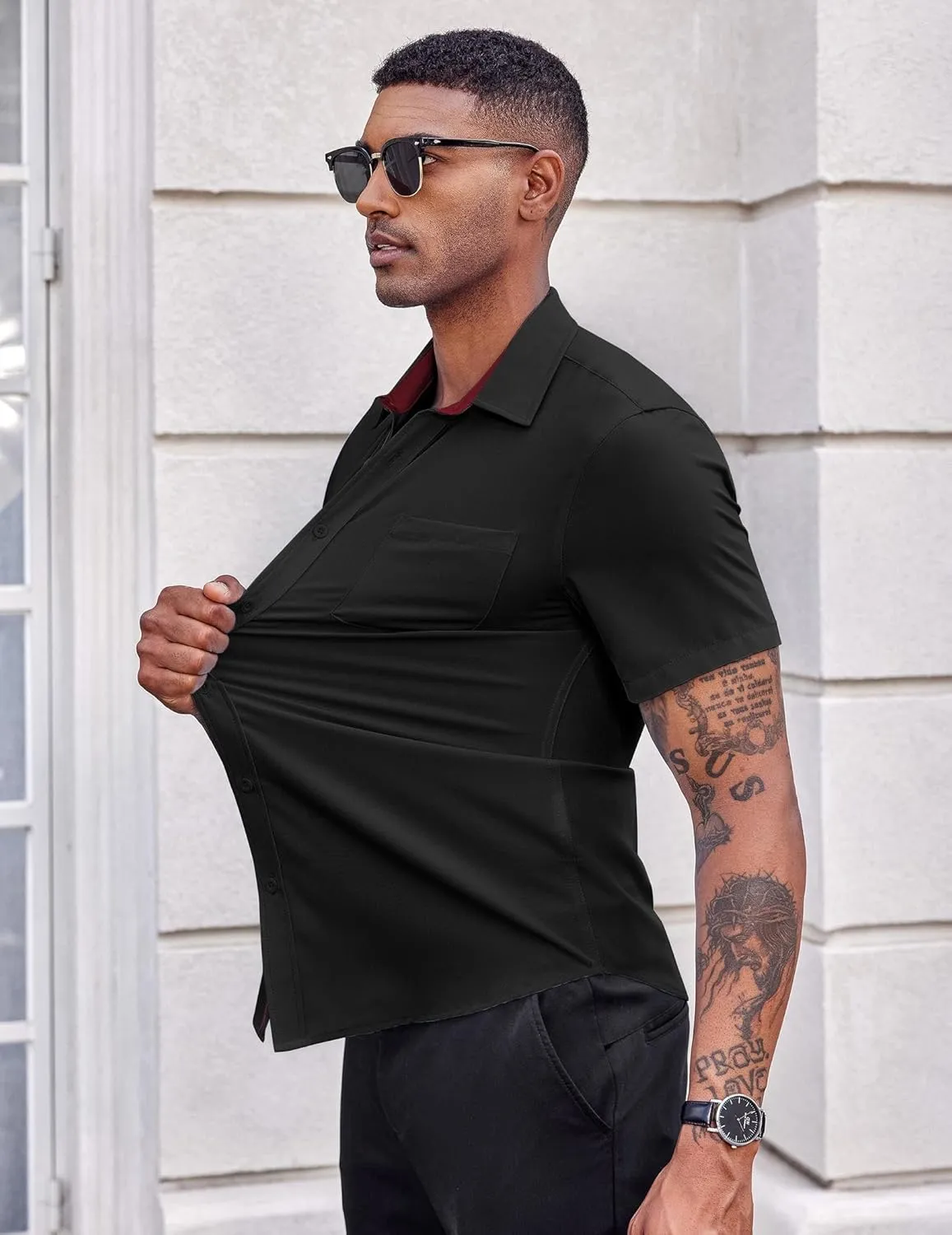 COOFANDY Men's Casual Button Down Shirts Stretch Short Sleeve Business Dress Shirt with Pocket