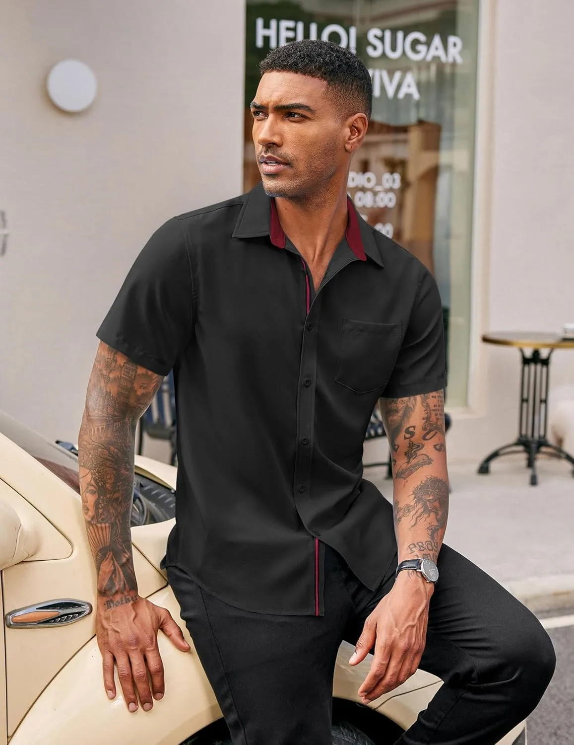 COOFANDY Men's Casual Button Down Shirts Stretch Short Sleeve Business Dress Shirt with Pocket