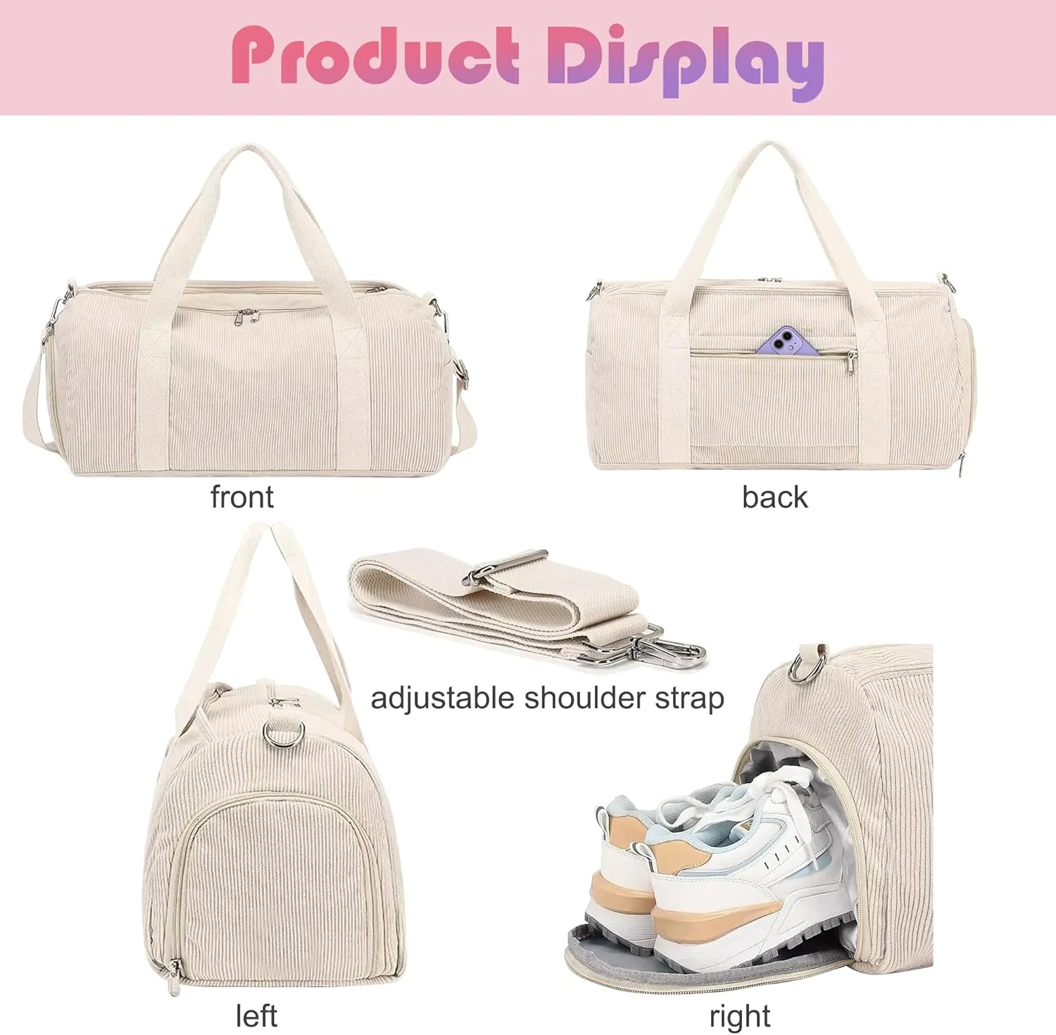 Corduroy Duffle Bag for Girls Woman Overnight Bag Gymnastics Sports Bag for Kids Dance Bag Girls with Shoe Compartments, Kids Travel Weekender Sleepover Carry On Bag