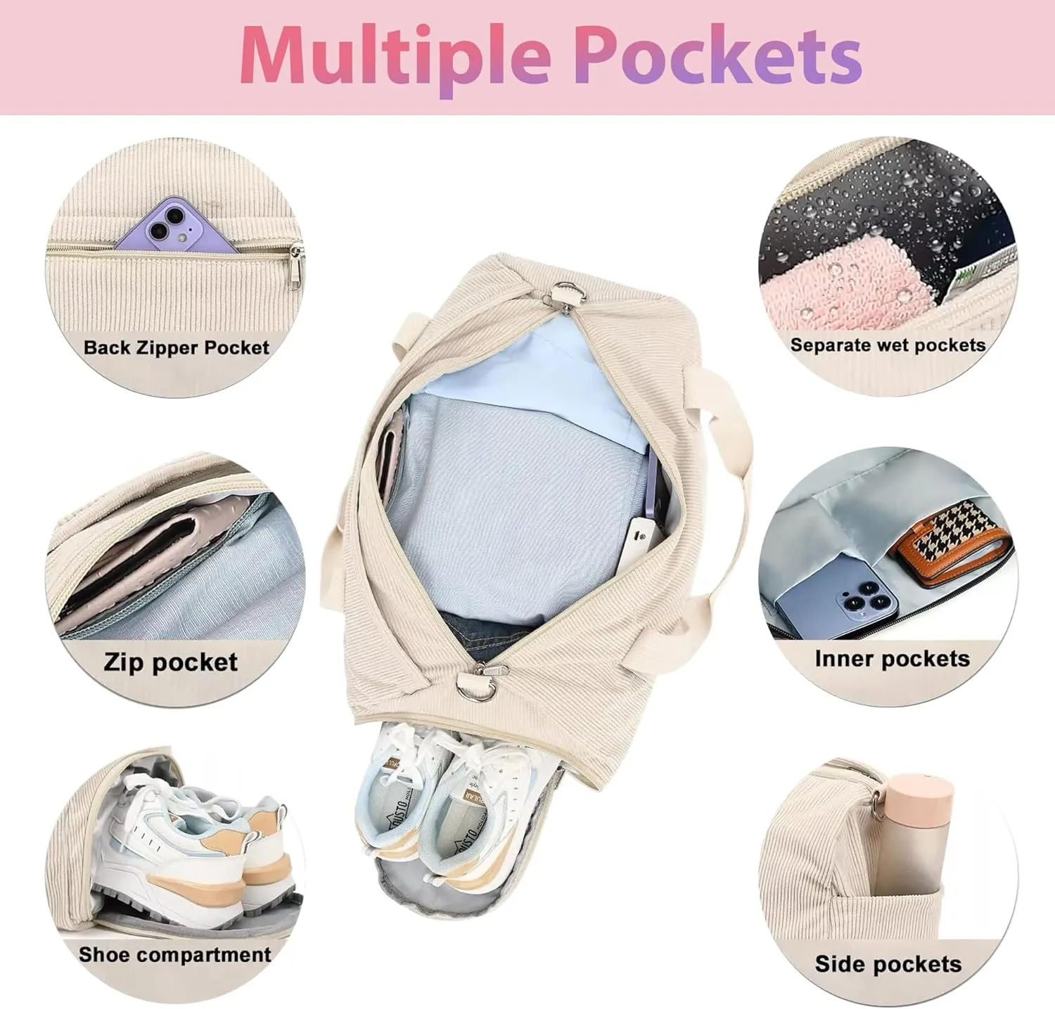 Corduroy Duffle Bag for Girls Woman Overnight Bag Gymnastics Sports Bag for Kids Dance Bag Girls with Shoe Compartments, Kids Travel Weekender Sleepover Carry On Bag