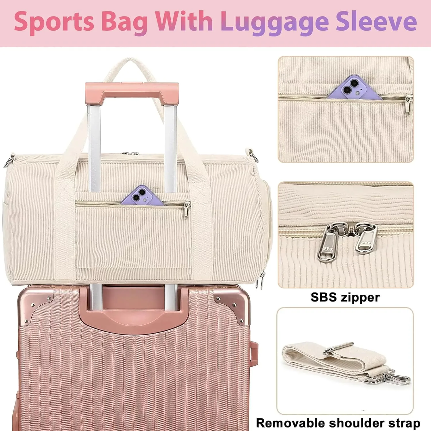 Corduroy Duffle Bag for Girls Woman Overnight Bag Gymnastics Sports Bag for Kids Dance Bag Girls with Shoe Compartments, Kids Travel Weekender Sleepover Carry On Bag