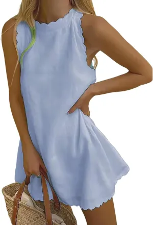 Costaric Women's Cotton Linen Tank Dress Floral Embroidered Sleeveless Scallop Mock Neck Mini Dress Summer Beach Sundress