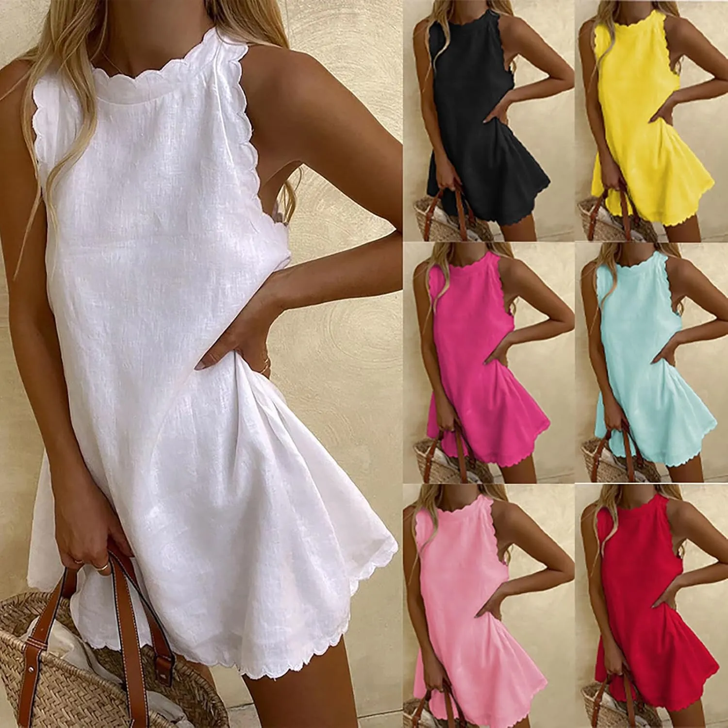 Costaric Women's Cotton Linen Tank Dress Floral Embroidered Sleeveless Scallop Mock Neck Mini Dress Summer Beach Sundress