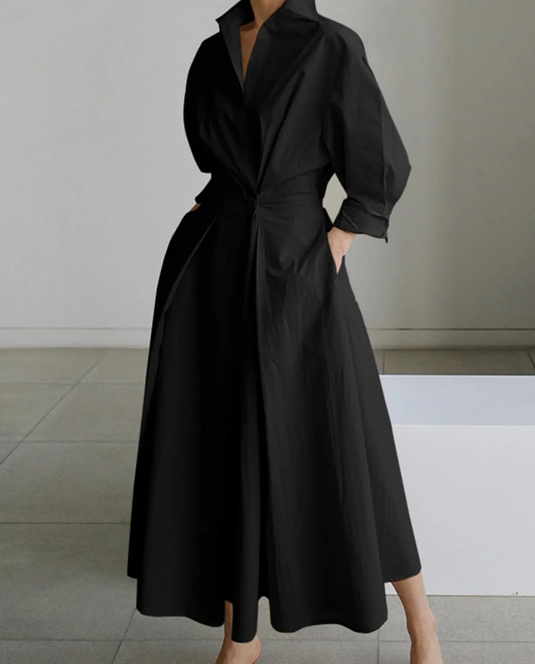 Cotton Linen Shirt Dress for Womens Pleated Button Long Dress Long Sleeve A-line Loose Swing Dress with Pockets