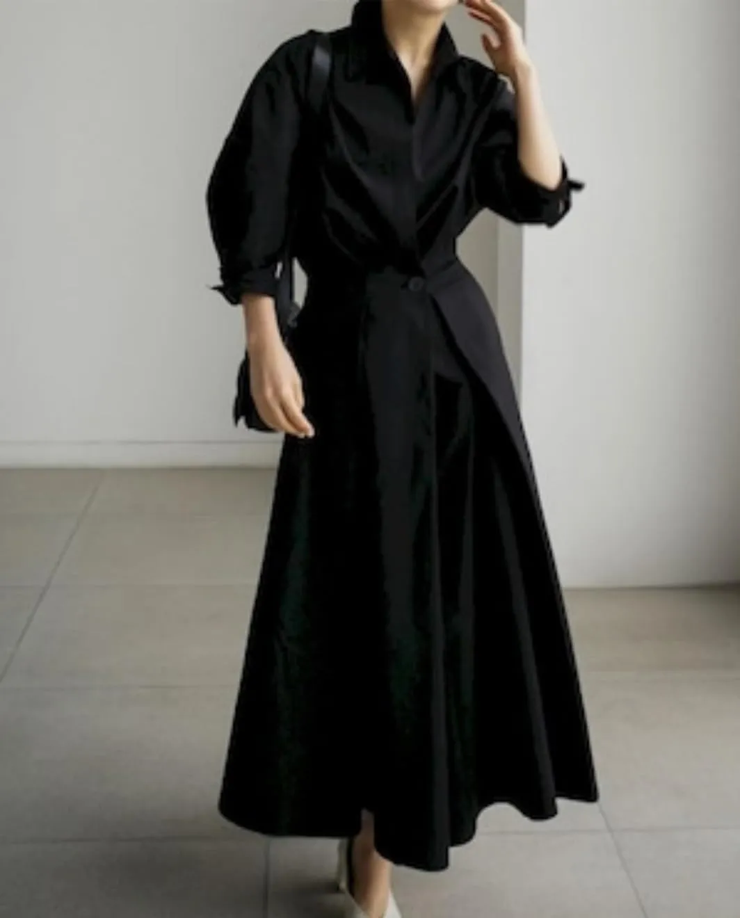 Cotton Linen Shirt Dress for Womens Pleated Button Long Dress Long Sleeve A-line Loose Swing Dress with Pockets