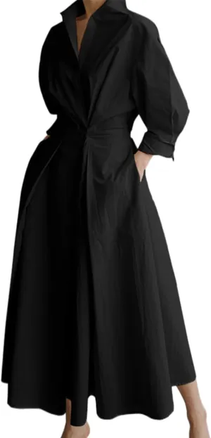 Cotton Linen Shirt Dress for Womens Pleated Button Long Dress Long Sleeve A-line Loose Swing Dress with Pockets