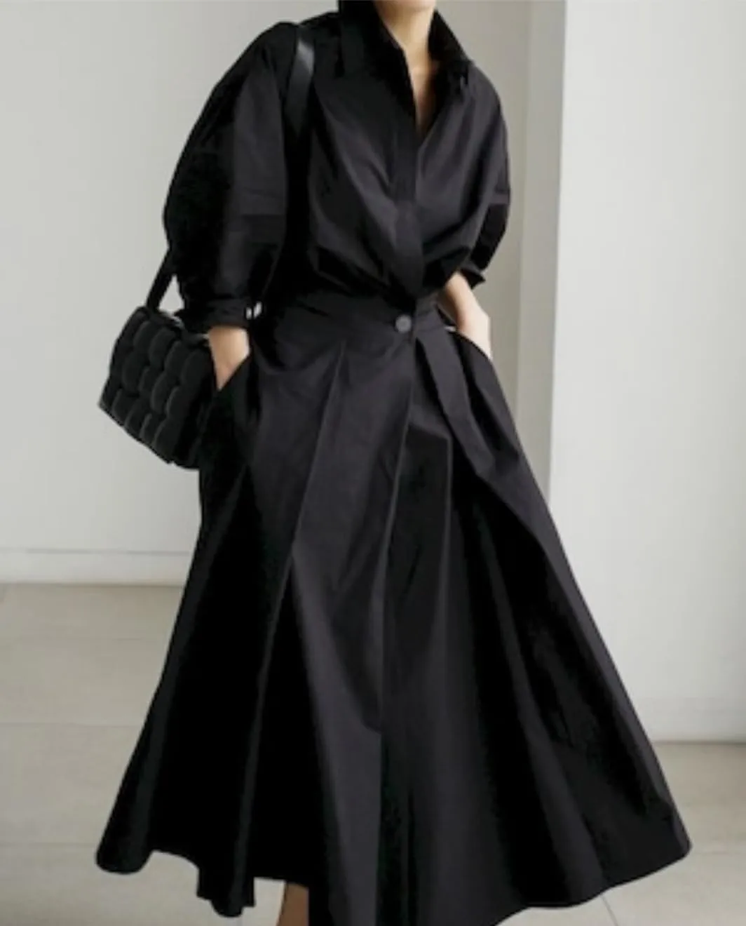 Cotton Linen Shirt Dress for Womens Pleated Button Long Dress Long Sleeve A-line Loose Swing Dress with Pockets