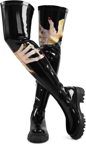 CouieCuies Black Thigh High Boots For Women Platform Over The Knee High Boots Lug Sole Comfortable Stretch Boots 6-11