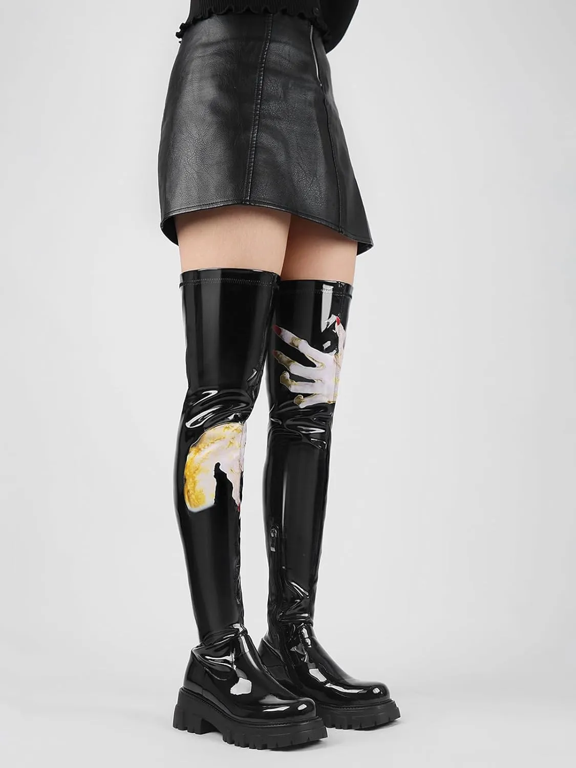 CouieCuies Black Thigh High Boots For Women Platform Over The Knee High Boots Lug Sole Comfortable Stretch Boots 6-11