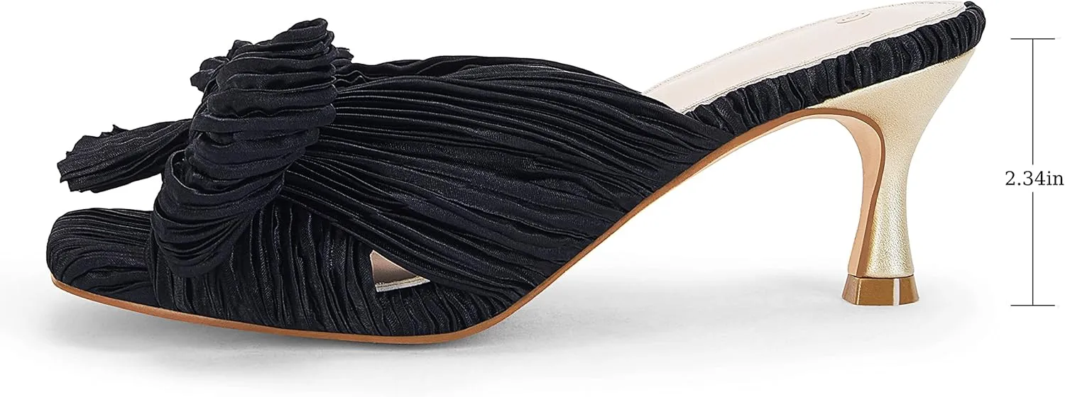 Coutgo Womens Bow Heeled Sandals Pleated Bowknot Heels Open Square Toe Cute Kitten Heel Mules Slip On Wedding Dress Shoes