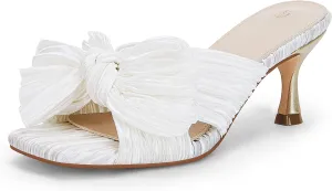 Coutgo Womens Bow Heeled Sandals Pleated Bowknot Heels Open Square Toe Cute Kitten Heel Mules Slip On Wedding Dress Shoes
