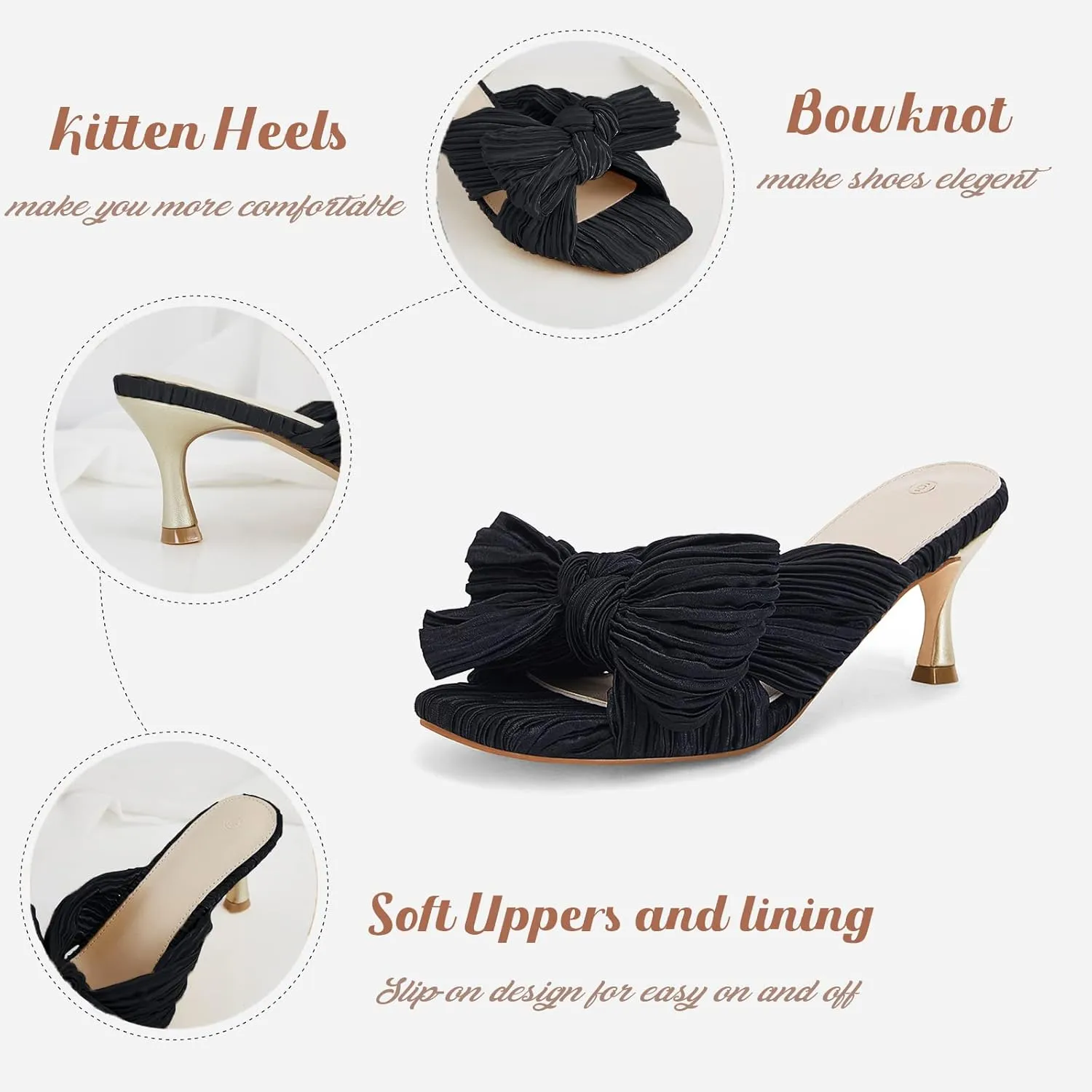 Coutgo Womens Bow Heeled Sandals Pleated Bowknot Heels Open Square Toe Cute Kitten Heel Mules Slip On Wedding Dress Shoes