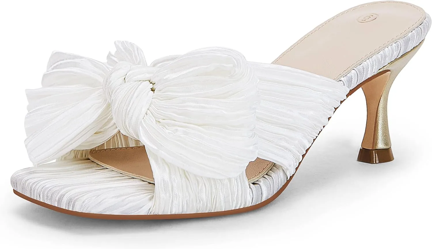 Coutgo Womens Bow Heeled Sandals Pleated Bowknot Heels Open Square Toe Cute Kitten Heel Mules Slip On Wedding Dress Shoes