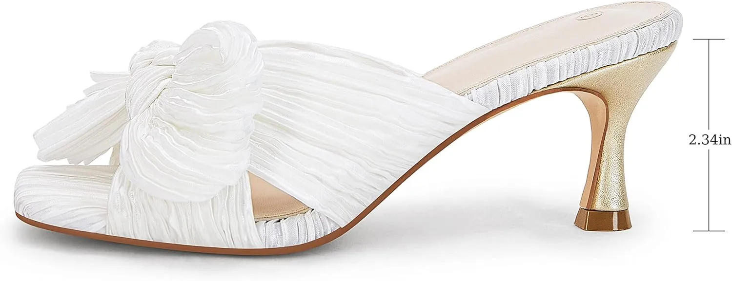 Coutgo Womens Bow Heeled Sandals Pleated Bowknot Heels Open Square Toe Cute Kitten Heel Mules Slip On Wedding Dress Shoes