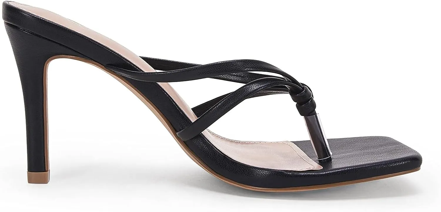 Coutgo Womens Strappy Heeded Sandals Square Toe Flip Flops Fashion Stiletto Thong Slip On Sandals