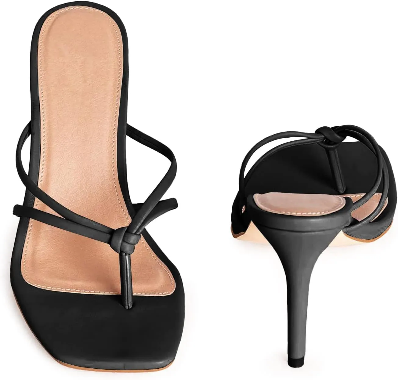 Coutgo Womens Strappy Heeded Sandals Square Toe Flip Flops Fashion Stiletto Thong Slip On Sandals