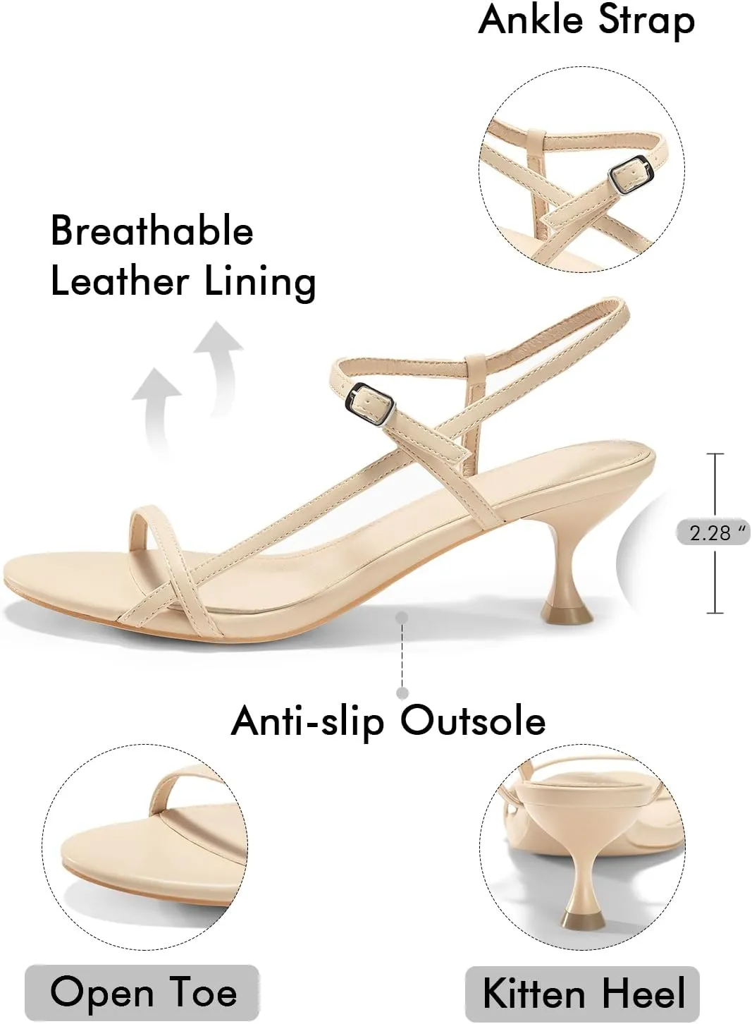 Coutgo Womens Strappy Heeled Sandals Kitten Low Heel Open Toe Ankle Strap Party Wedding Dress Shoes