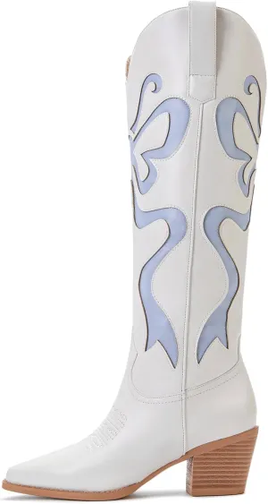 Cowgirl Boots - Womens Cowboy Boots with Colorful Bows Embroidered Western White Knee-High Boots Fashion Pull On Almond Toe Chunky Heel Country Tall Boots