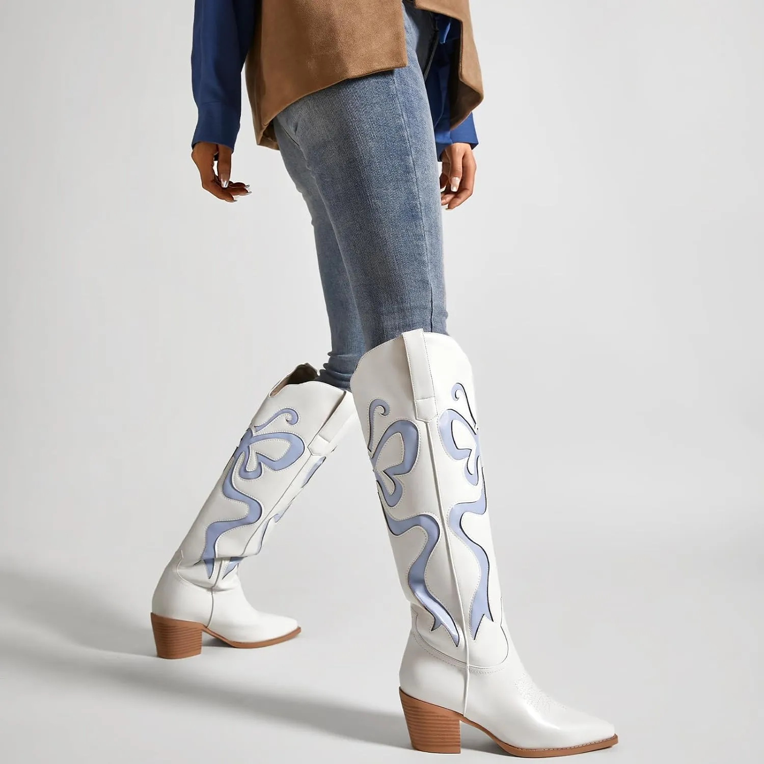 Cowgirl Boots - Womens Cowboy Boots with Colorful Bows Embroidered Western White Knee-High Boots Fashion Pull On Almond Toe Chunky Heel Country Tall Boots
