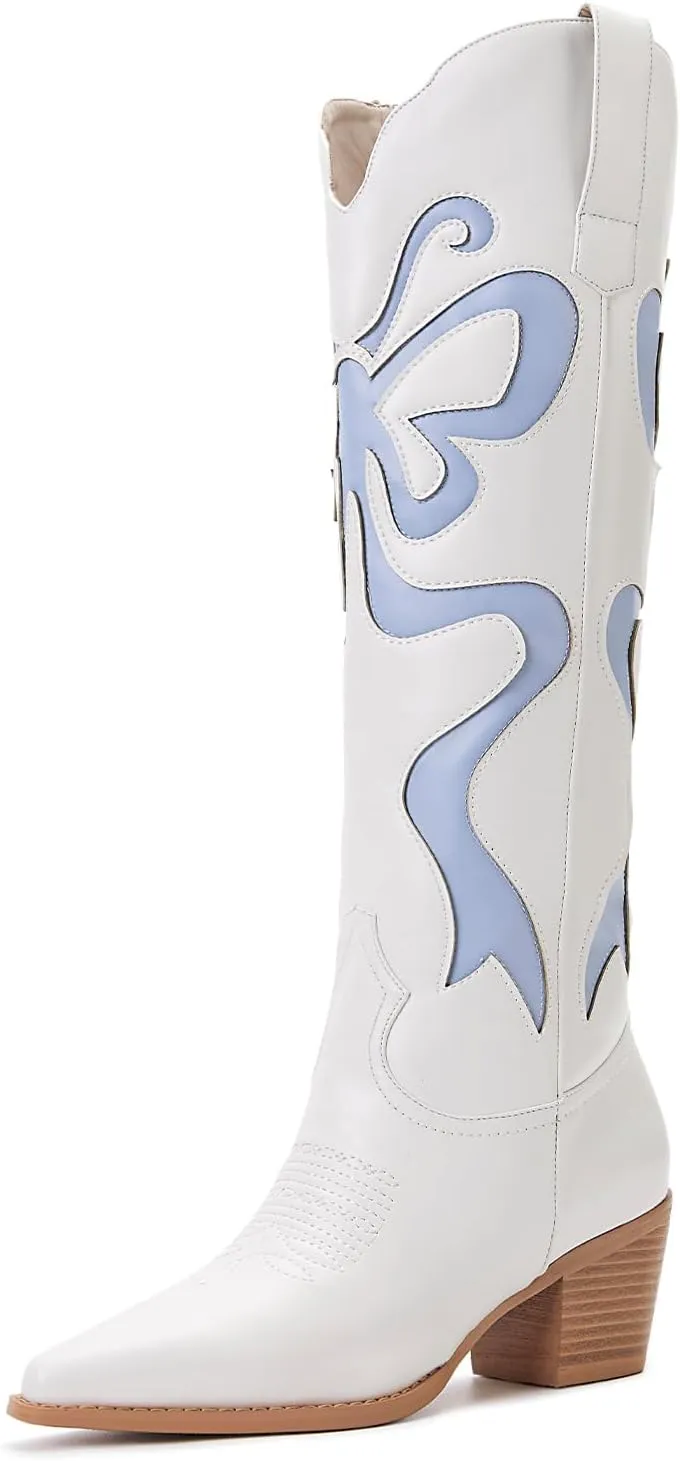 Cowgirl Boots - Womens Cowboy Boots with Colorful Bows Embroidered Western White Knee-High Boots Fashion Pull On Almond Toe Chunky Heel Country Tall Boots