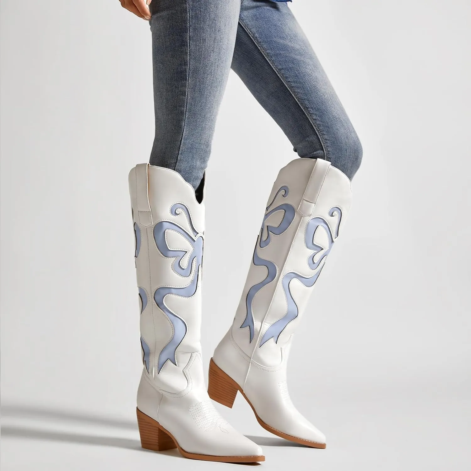 Cowgirl Boots - Womens Cowboy Boots with Colorful Bows Embroidered Western White Knee-High Boots Fashion Pull On Almond Toe Chunky Heel Country Tall Boots
