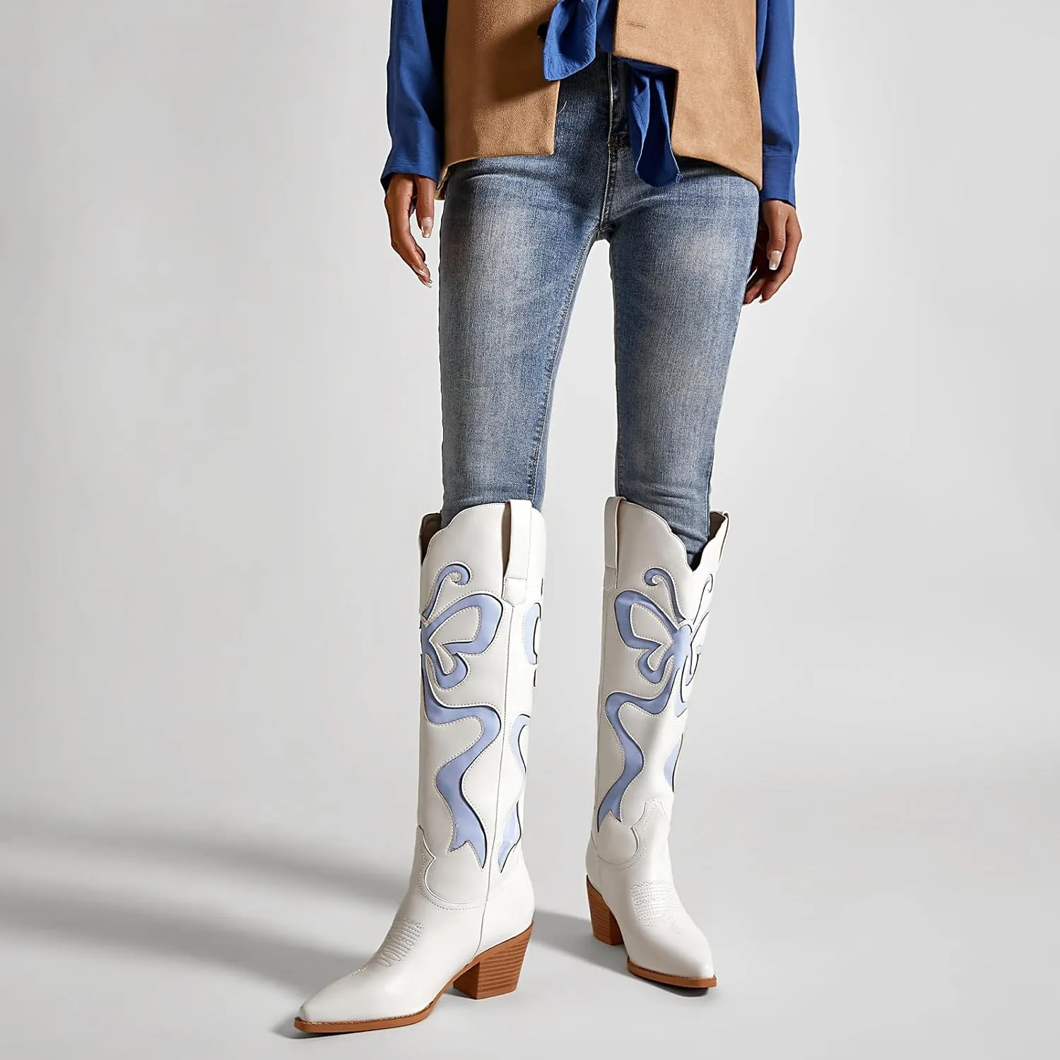 Cowgirl Boots - Womens Cowboy Boots with Colorful Bows Embroidered Western White Knee-High Boots Fashion Pull On Almond Toe Chunky Heel Country Tall Boots
