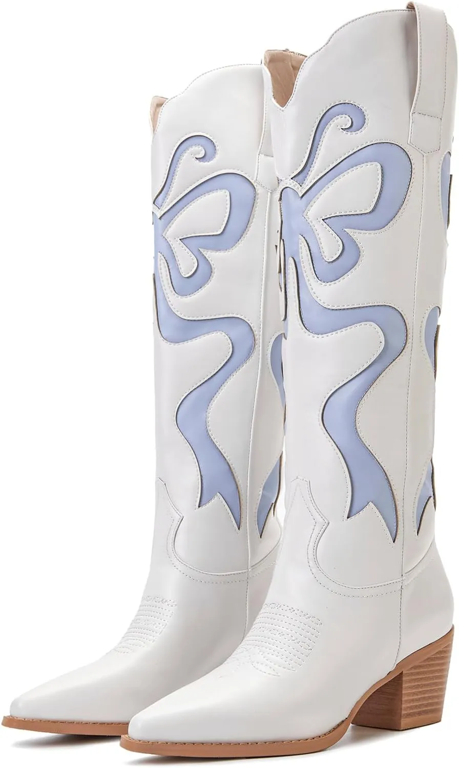 Cowgirl Boots - Womens Cowboy Boots with Colorful Bows Embroidered Western White Knee-High Boots Fashion Pull On Almond Toe Chunky Heel Country Tall Boots