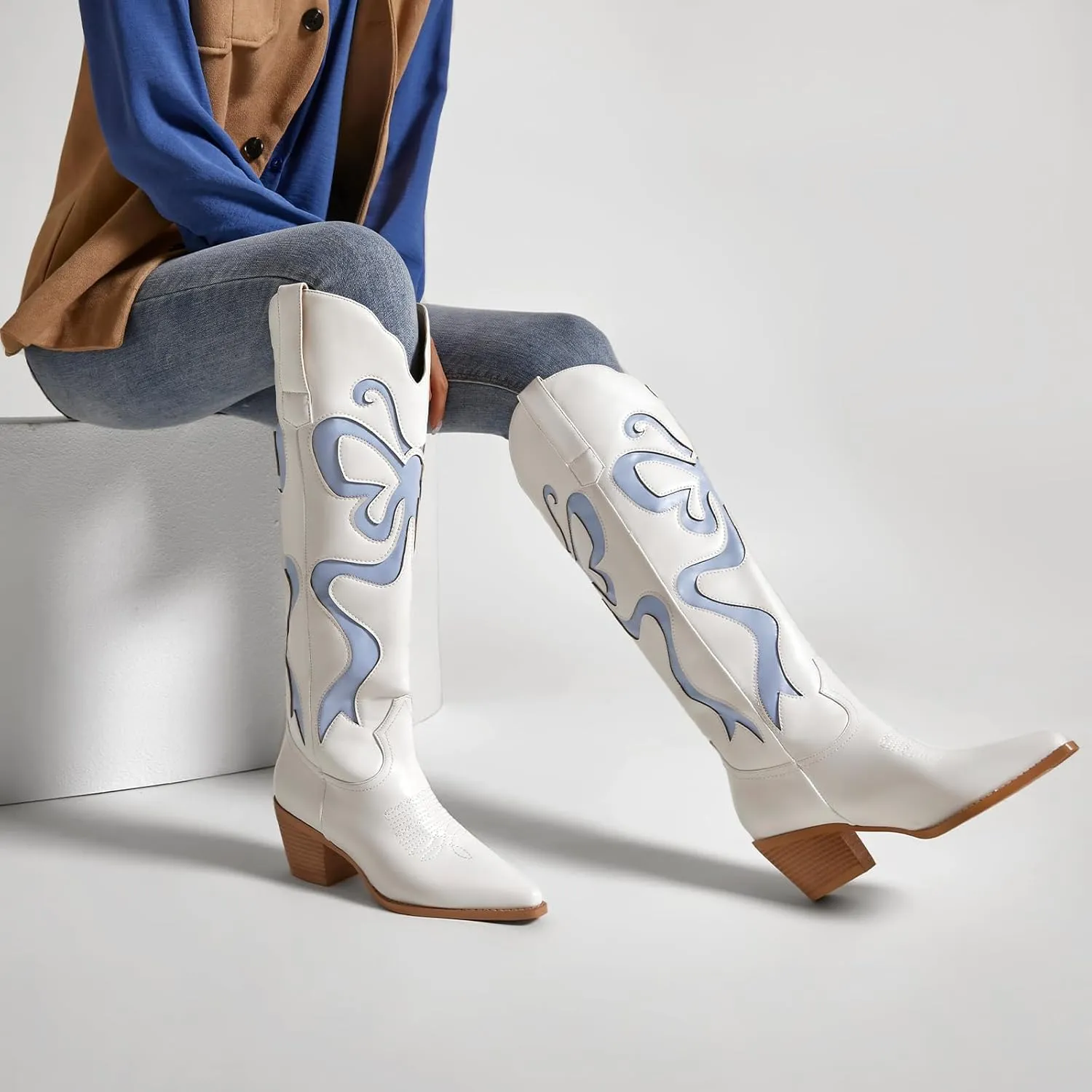 Cowgirl Boots - Womens Cowboy Boots with Colorful Bows Embroidered Western White Knee-High Boots Fashion Pull On Almond Toe Chunky Heel Country Tall Boots