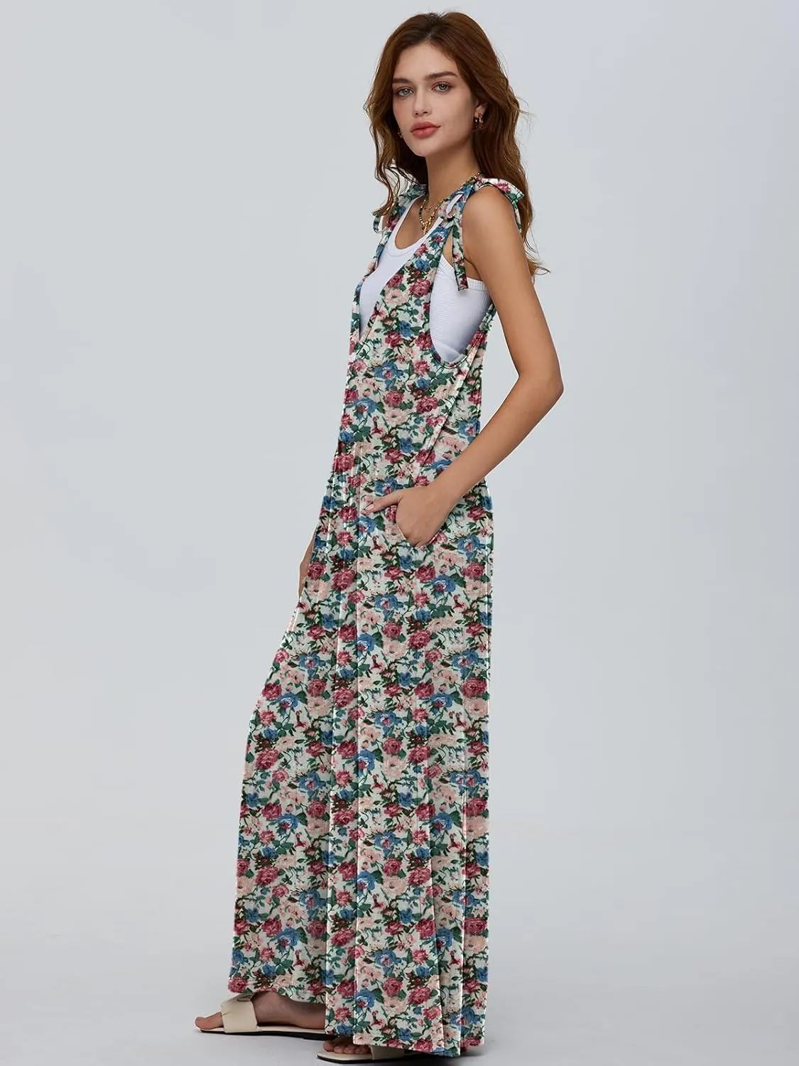DEEP SELF Women's Summer Causal Jumpsuits Sleeveless Wide Leg Long Rompers V Neck Tie Strap Loose Baggy Overalls with Pockets