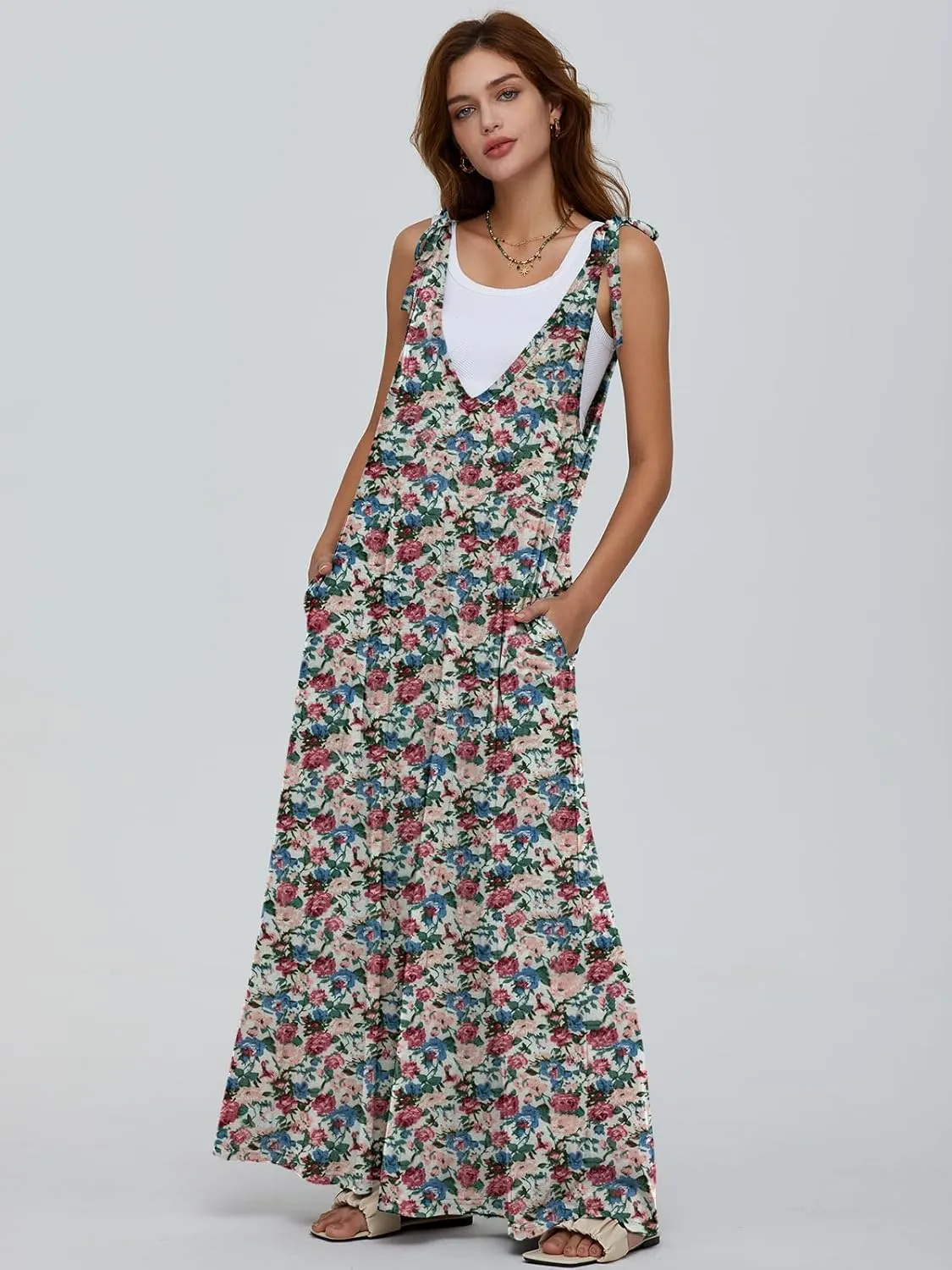 DEEP SELF Women's Summer Causal Jumpsuits Sleeveless Wide Leg Long Rompers V Neck Tie Strap Loose Baggy Overalls with Pockets