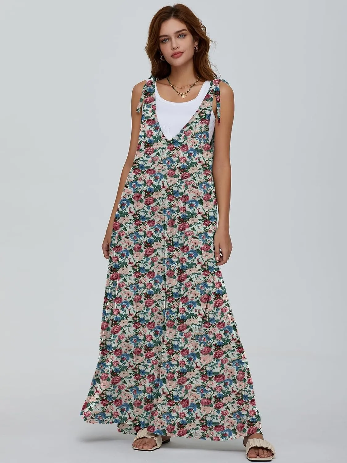 DEEP SELF Women's Summer Causal Jumpsuits Sleeveless Wide Leg Long Rompers V Neck Tie Strap Loose Baggy Overalls with Pockets