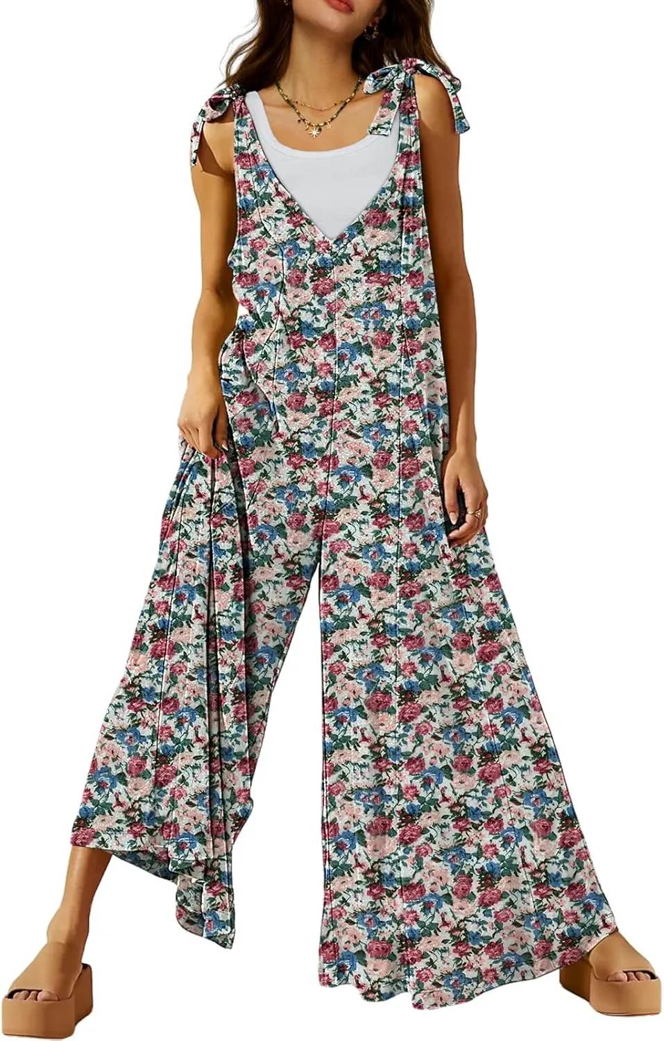 DEEP SELF Women's Summer Causal Jumpsuits Sleeveless Wide Leg Long Rompers V Neck Tie Strap Loose Baggy Overalls with Pockets