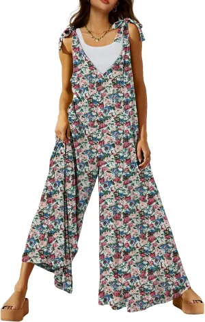 DEEP SELF Women's Summer Causal Jumpsuits Sleeveless Wide Leg Long Rompers V Neck Tie Strap Loose Baggy Overalls with Pockets