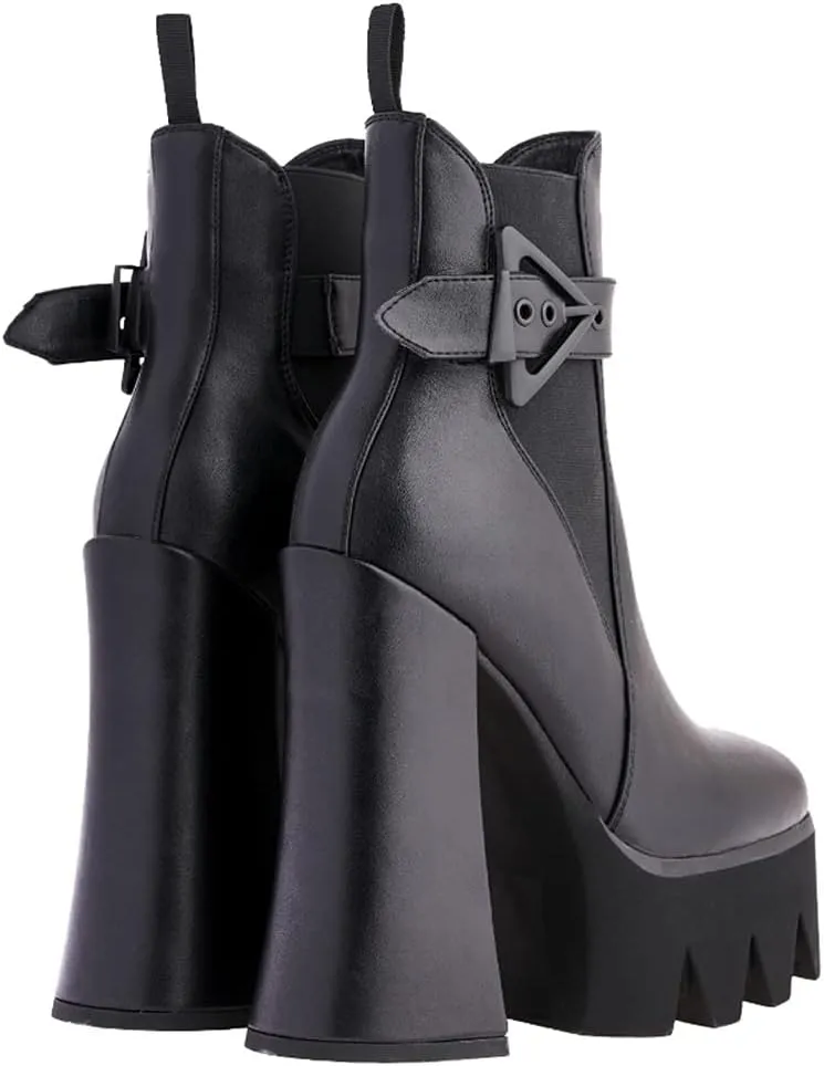 DETOGNI Women's Buckle Strap Thick Heel Square Toe Platform Booties Ladies' Elastic band High Heel Fashion Casual Ankle Boots