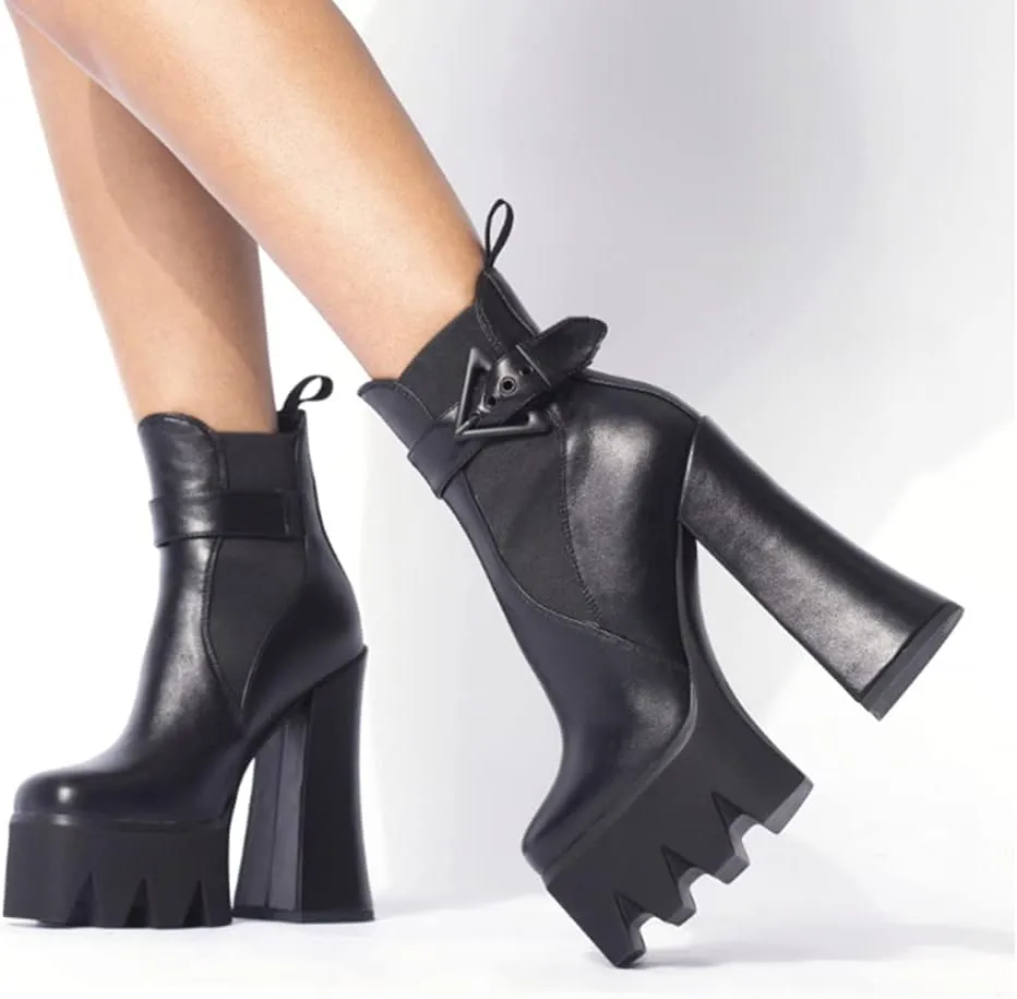 DETOGNI Women's Buckle Strap Thick Heel Square Toe Platform Booties Ladies' Elastic band High Heel Fashion Casual Ankle Boots
