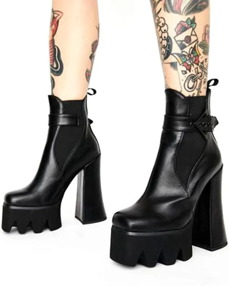 DETOGNI Women's Buckle Strap Thick Heel Square Toe Platform Booties Ladies' Elastic band High Heel Fashion Casual Ankle Boots